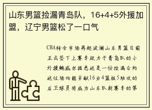 山东男篮捡漏青岛队,16+4+5外援加盟,辽宁男篮松了一口气 山东男篮捡漏青岛队,16+4+5外援加盟,辽宁男篮松了一口气