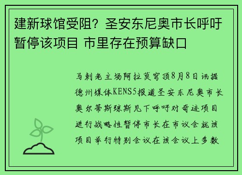 建新球馆受阻?圣安东尼奥市长呼吁暂停该项目 市里存在预算缺口 建新球馆受阻?圣安东尼奥市长呼吁暂停该项目 市里存在预算缺口